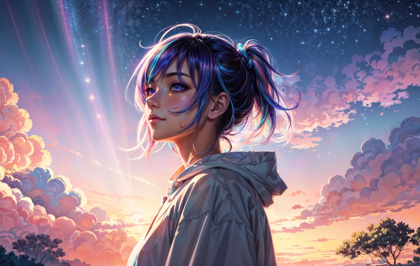 Anime girl with purple hair — desktop and phone wallpaper, free download
