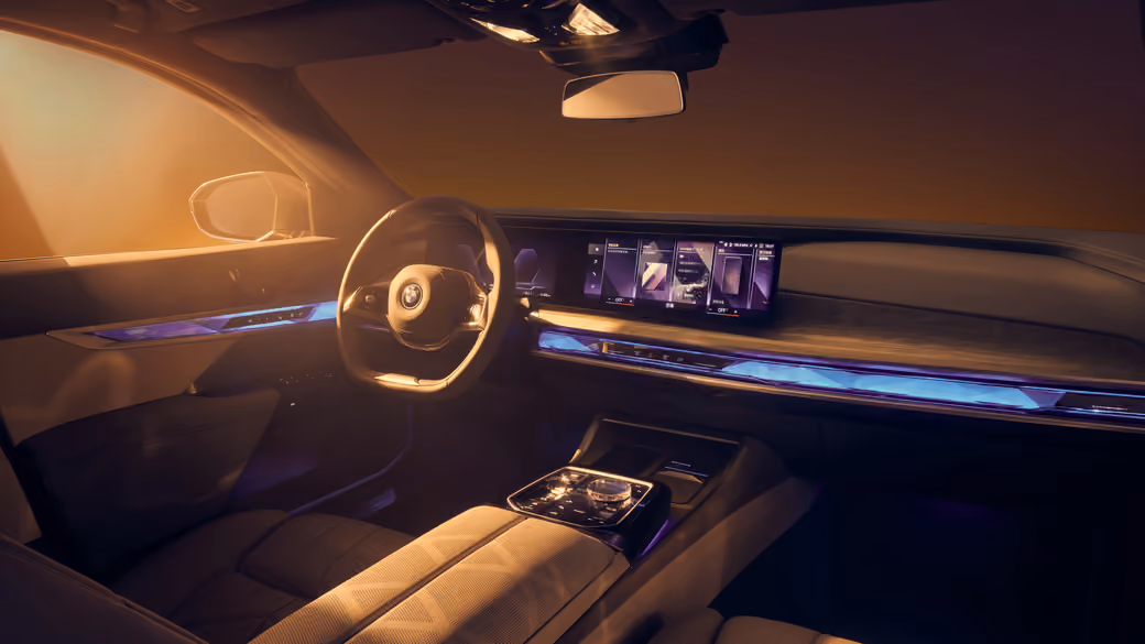 BMW i7 luxurious digital interior cabin — desktop and phone wallpaper, free download